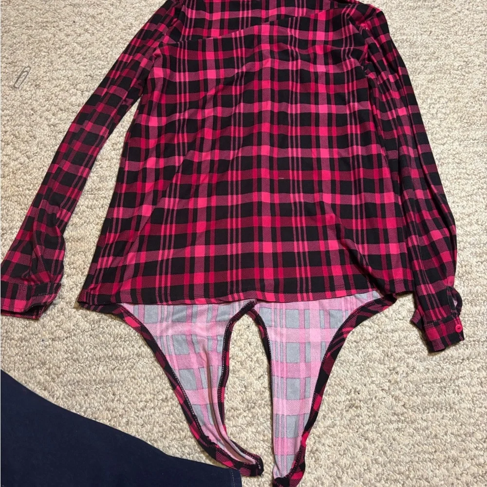 My Style Plaid Button-Up Shirt - Dark Pink and Black - Picture 9 of 13